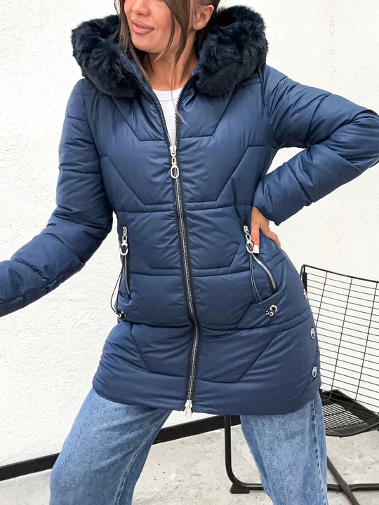 Ciepła zimowa długa kurtka damska pikowana granat 8377 roz S