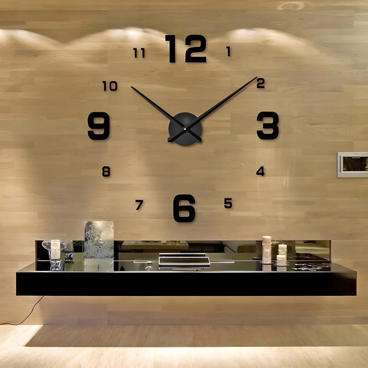 ZEGAR ŚCIENNY 3D NOWOCZESNY PRZYKLEJANY NA ŚCIANĘ CZARNY XXL 130 CM