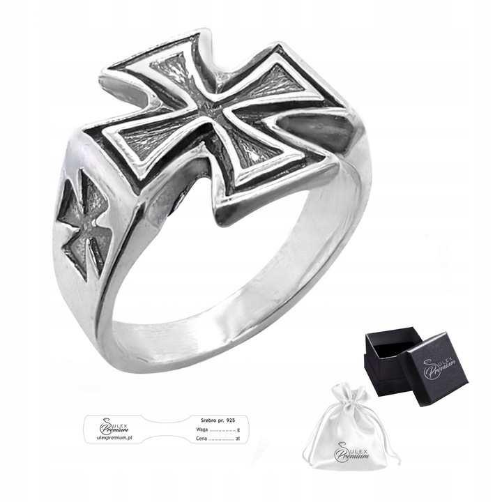 Sygnet srebrny pr. 925 Efektowny Pierścień z Krzyżem Maltańskim | r. 19