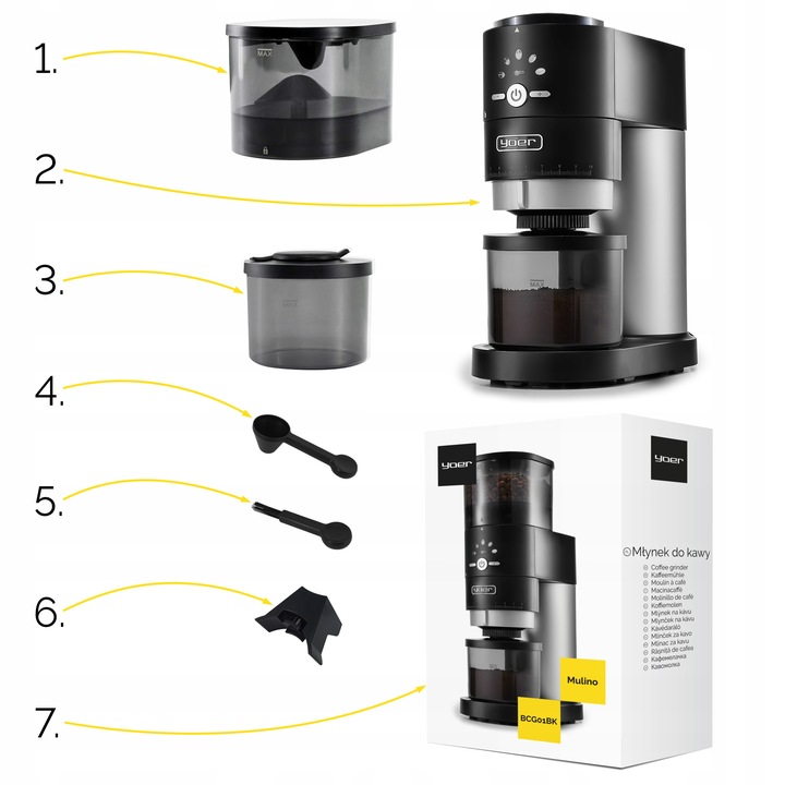 Żarnowy elektryczny młynek kawy Yoer 350W automatyczny +43 Poziomy