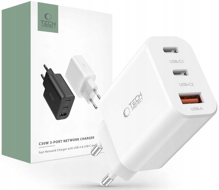 Uniwersalna ładowarka sieciowa Tech-Protect NC30W USB +2xUSB-C PD 30W QC3.0