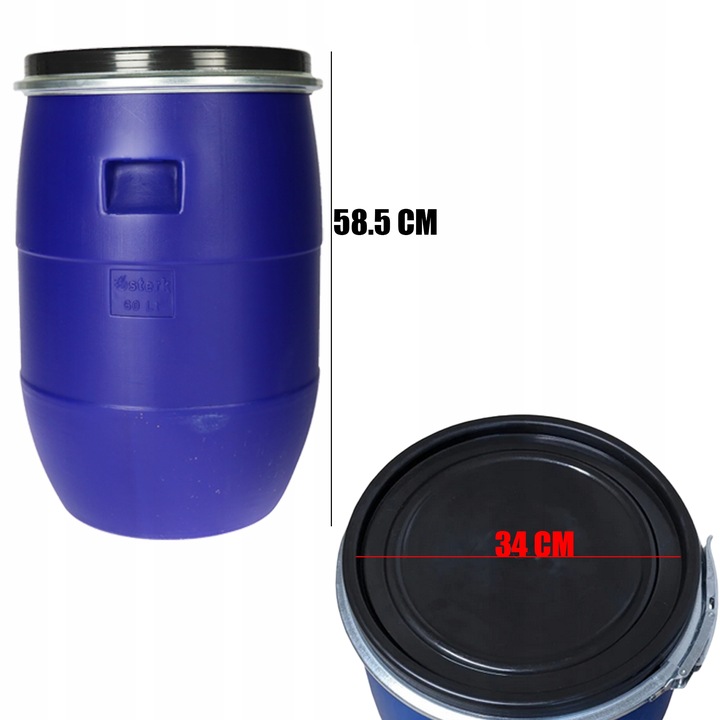 BECZKA PLASTIKOWA DO KISZENIA NA WODĘ ATEST 60L OBEJMA + SZCZYPCE