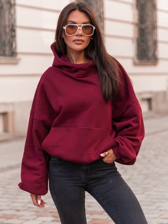 Bawełniana dresowa damska bluza z kapturem na stójce oversize bordowa