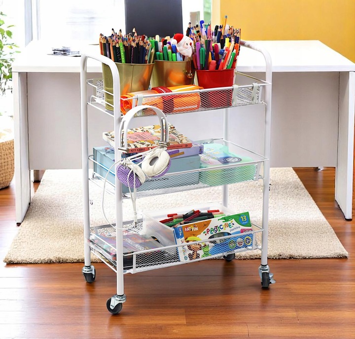 Metalowy wózek wielofunkcyjny 3-poziomowy z kółkami biały regał szafka