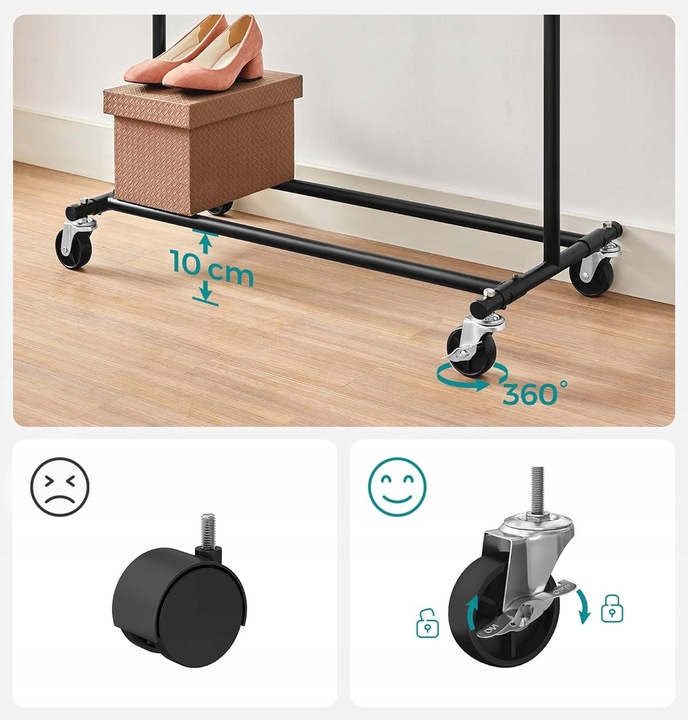 MOBILNY wieszak stojący na ubrania NA KÓŁKACH 45,4x(92-132)x160