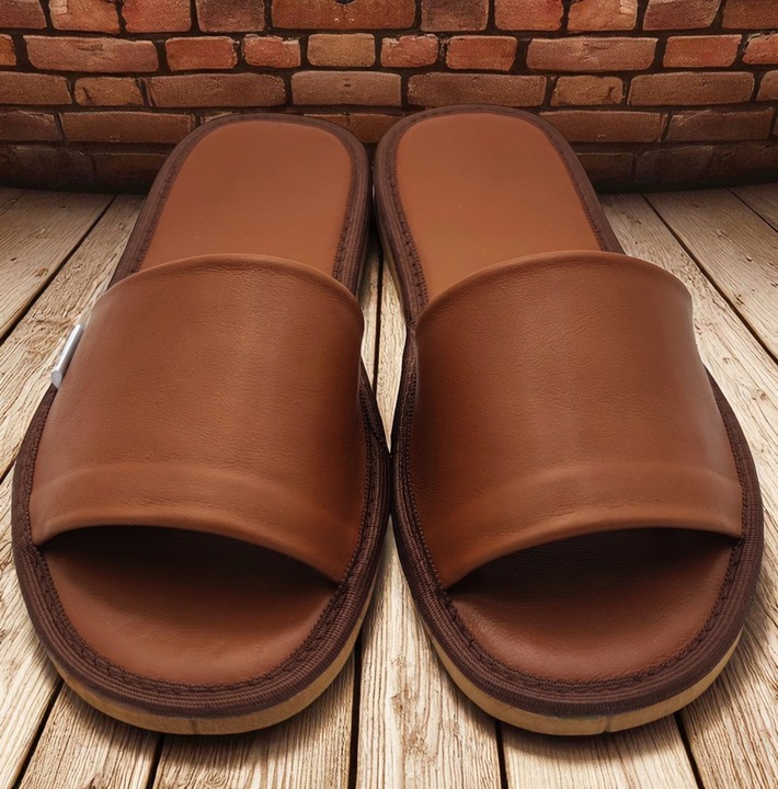 KLAPKI SKÓRZANE DAMSKIE wygodne pantofle kapcie skórzane PREMIUM BRĄZ