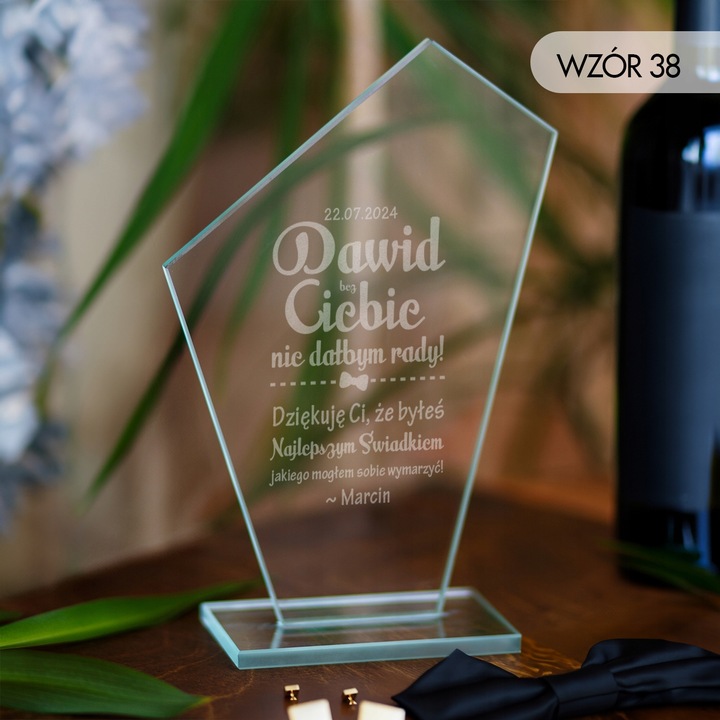 PODZIĘKOWANIA DLA ŚWIADKÓW STATUETKA SZKLANA GRAWER PREZENT DLA ŚWIADKA