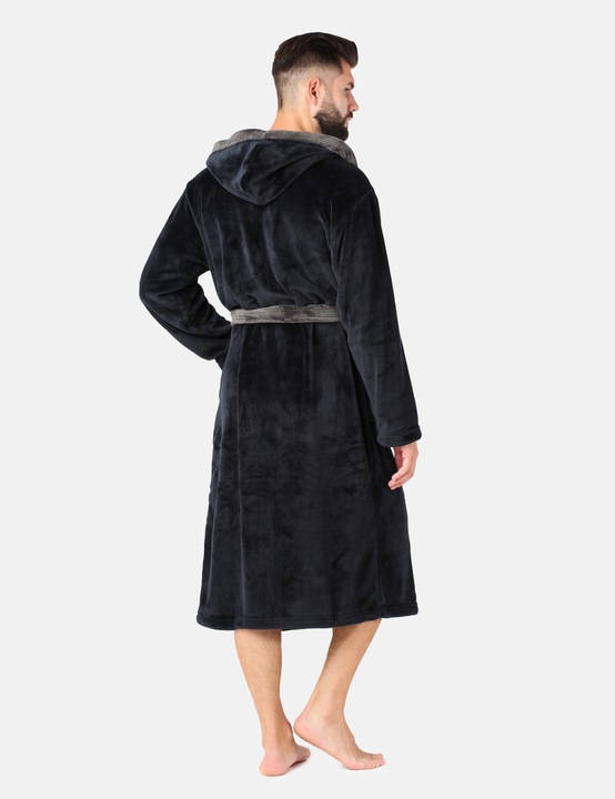 Szlafrok męski z kapturem ciepły miękki 2 kieszenie LA-221 Czarny XL