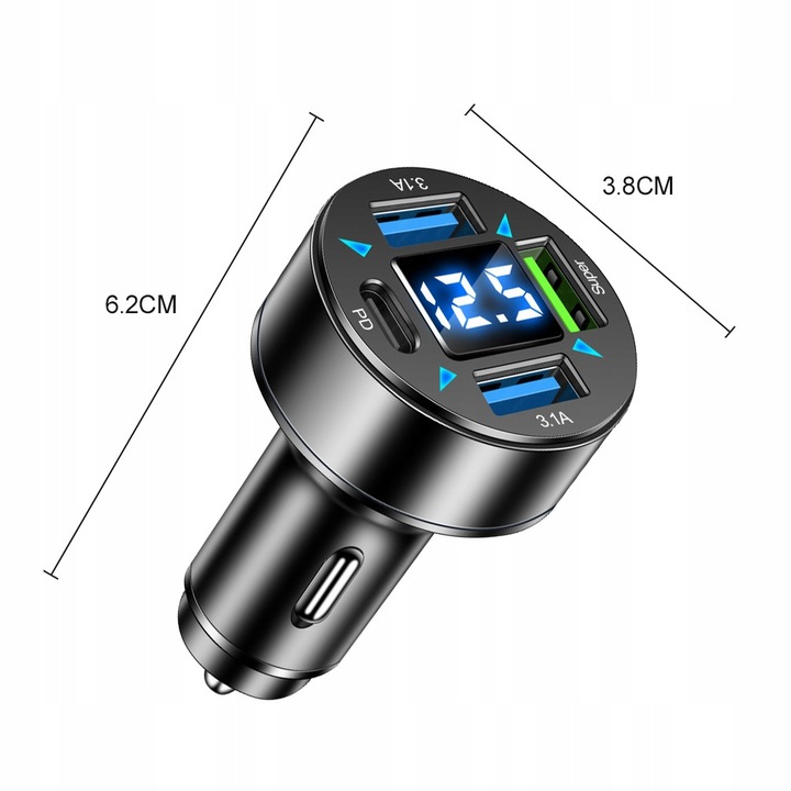 SZYBKA 3.1A SAMOCHODOWA ŁADOWARKA LED QC 3.0 x3 USB + PD 66W