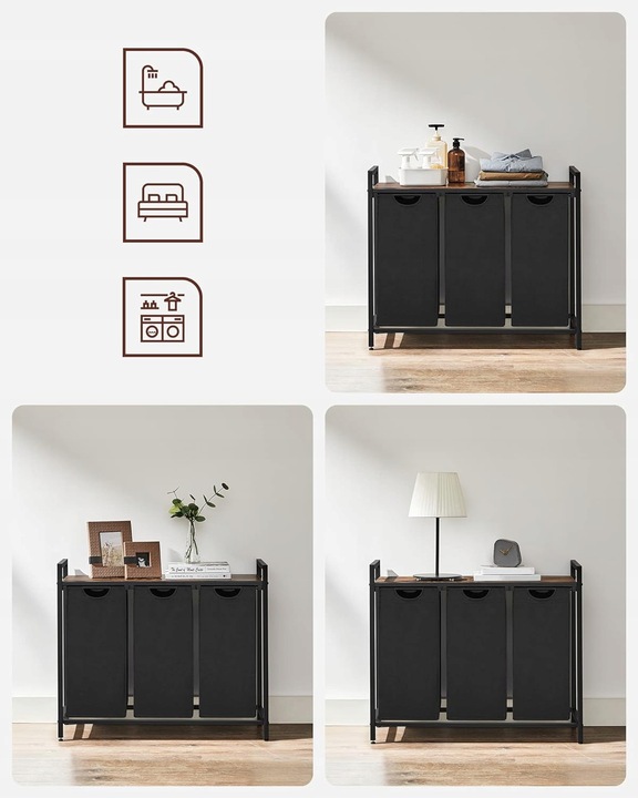 Kosz wolnostojący 3 PRZEGRÓDKI na pranie 3x38L 92,5x33x71 VINTAGE z