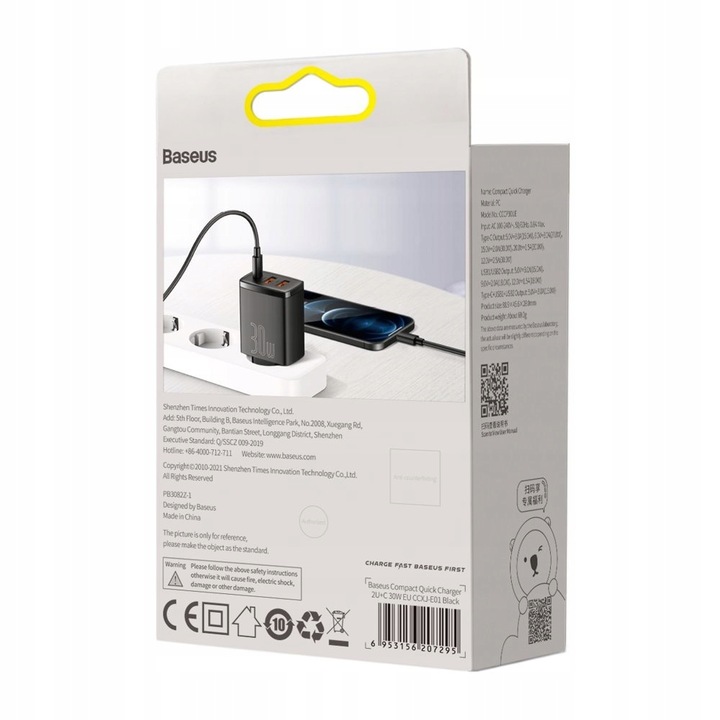 BASEUS SZYBKA ŁADOWARKA SIECIOWA 2x USB / USB-C MOCNY ZASILACZ 30W 3A PD QC