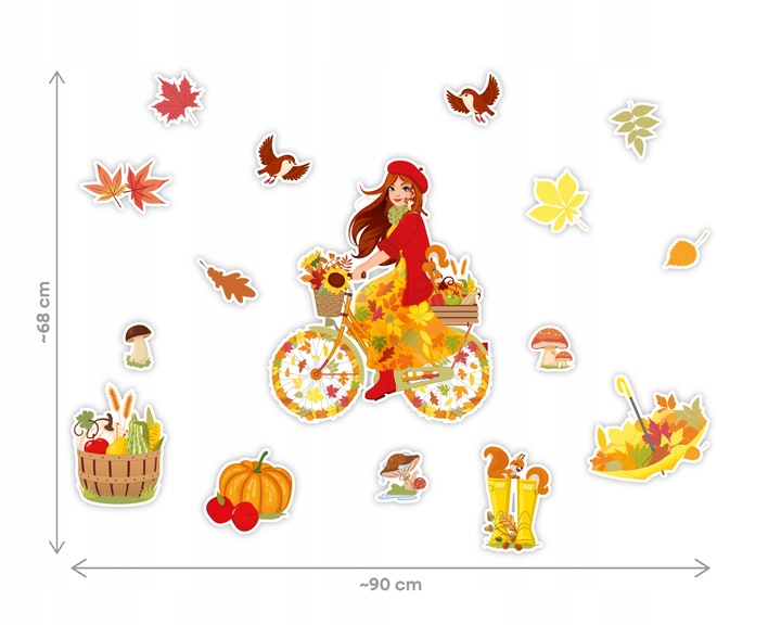 DEKORACJA JESIENNA DWUSTRONNA OKIENNA - PANI JESIEŃ NA ROWERZE (16 el.)