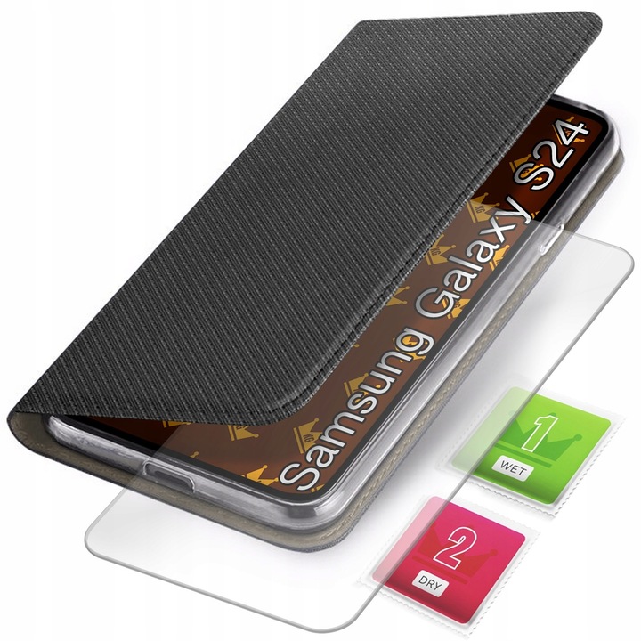 ETUI Z KLAPKĄ DO SAMSUNG GALAXY S24 CZARNE ZAMYKANE MAGNETYCZNE + SZKŁO 9H
