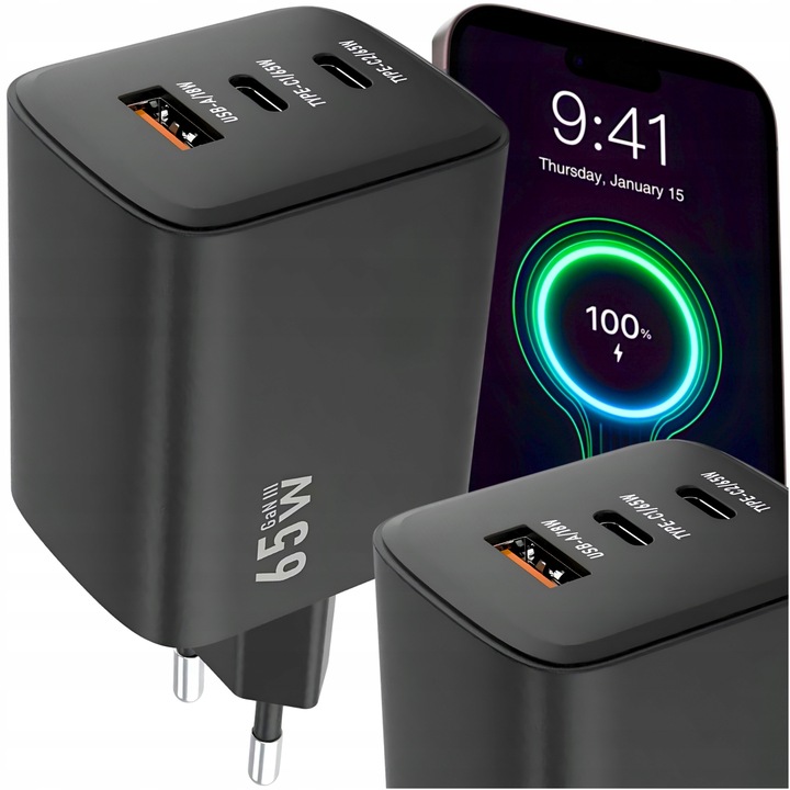 ŁADOWARKA SIECIOWA SZYBKA 65W GaN USB 2x USB-C PD QC 4.0 MOCNA UNIWERSALNA