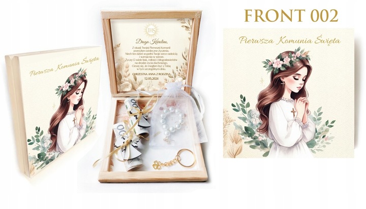 Pamiątka Komunii Świętej PREZENT Na Komunię Różaniec Brelok Pudełko
