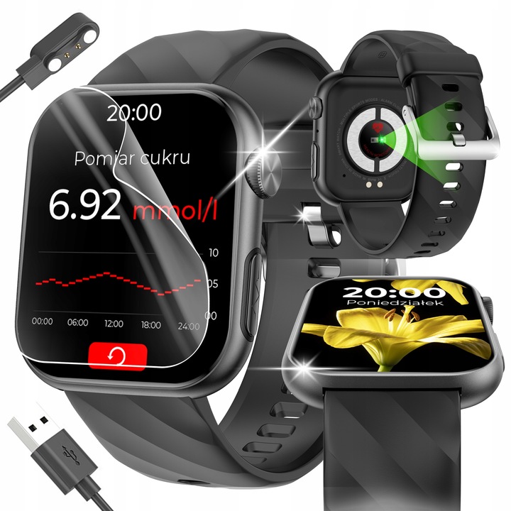SMARTWATCH Z FUNKCJĄ POMIARU CUKRU GLUKOZA AMOLED MT500 CIŚNIENIE MENU Pl