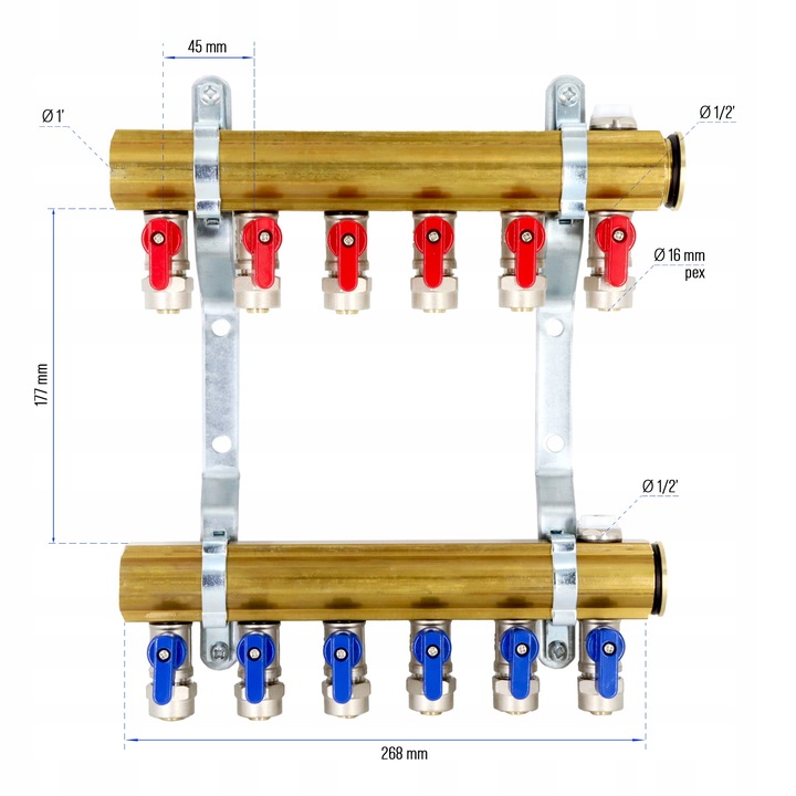 Rozdzielacz C.O. 6 obwodów zaworki PEX odpowietrzniki DO GRZEJNIKÓW