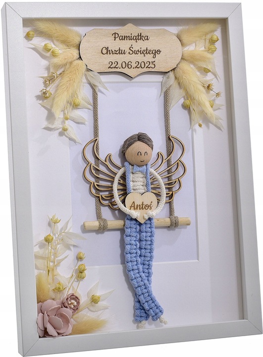 MAKRAMA RAMKA ANIOŁ PREZENT PAMIĄTKA CHRZTU ŚWIĘTEGO KOMUNII ŚWIĘTEJ