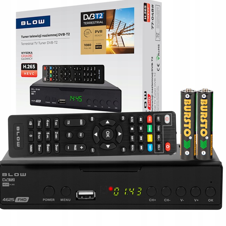 TUNER DEKODER DVB-T2 TV NAZIEMNEJ H.265 HEVC FULL HD USB HDMI PILOT BATERIE