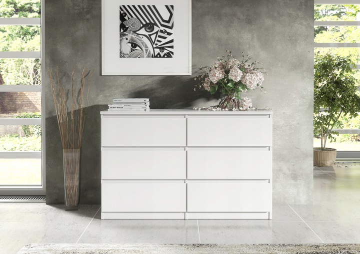 KOMODA Z SZUFLADAMI 140CM BIAŁA 6 SZUFLAD SZAFKA DO SYPIALNI DO SALONU