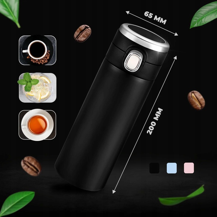 Kubek Termiczny Termos z Ustnikiem Wyświetlaczem LED 400ml Czarny + GRATIS