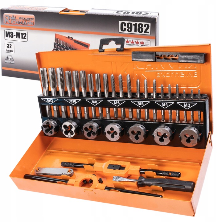 ZESTAW GWINTOWNIKÓW I NARZYNEK M3-M12 32el RICHMANN C9182 KALIBROWNIKI