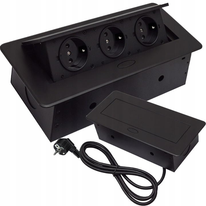 GNIAZDO ELEKTRYCZNE POTRÓJNE CHOWANE W BLAT NABLATOWE GNIAZDKO CZARNE