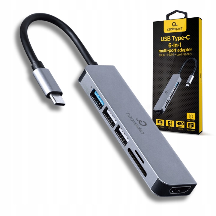 STACJA PORTÓW ROZGAŁĘŹNIK 6w1 HUB USB-C HDMI 4K USB 3.1 5 Gbit/s SD MicroSD