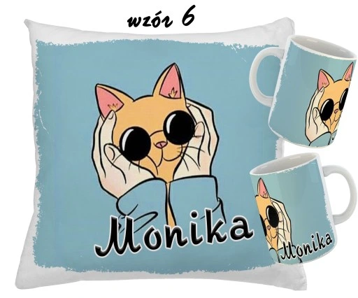 Zestaw KUBEK + PODUSZKA KOTY KOT + RÓŻNE WZORY + IMIĘ UNIKALNY WYJĄTKOWY