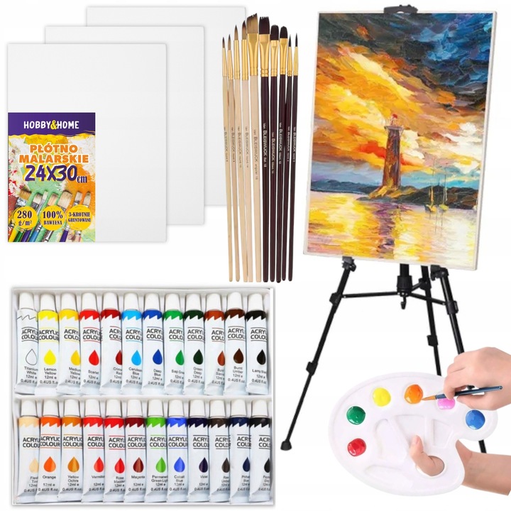 ZESTAW MALARSKI ARTYSTYCZNY SZTALUGA FARBY PŁÓTNA PĘDZLE PALETA DLA DZIECI
