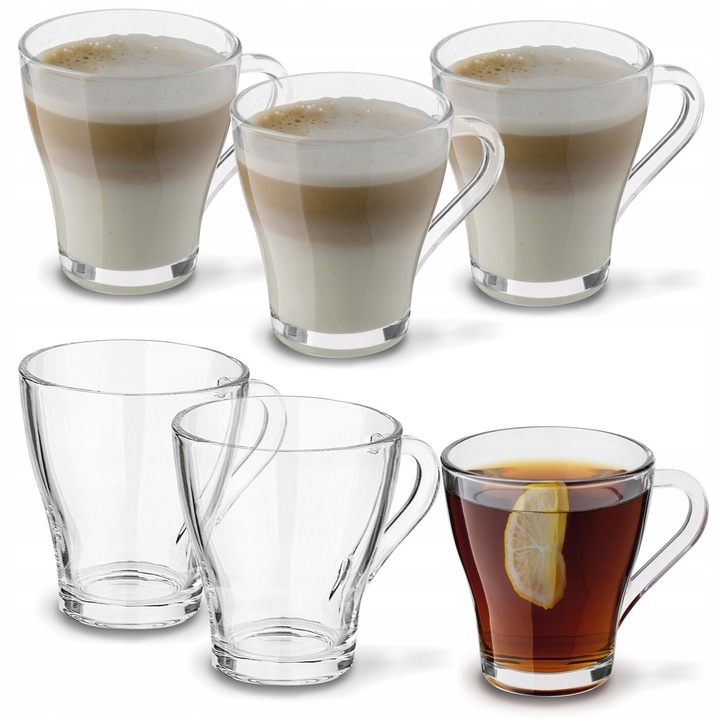 ZESTAW KUBKÓW SZKLANYCH 6x250ml SZKLANKI do kawy herbaty z uchem