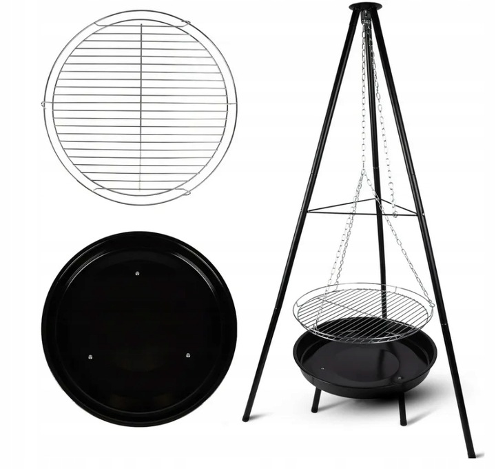 GRILL OGRODOWY WISZĄCY PALENISKO TRÓJNÓG DUŻY 50CM RUSZT + MATY WĘGLOWY