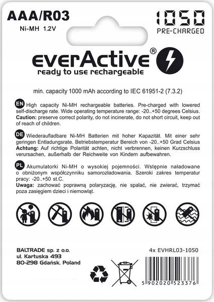 4xAKUMULATORKI everActive BATERIE R03/AAA 1050 mAh