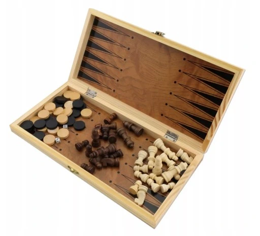 SZACHY DREWNIANE DUŻE WARCABY 34x34cm ZESTAW 3W1