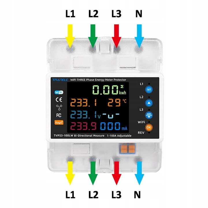 Licznik energii prądu 3-fazowy 2-kierunki PV przekaźnik 100A LCD WiFi
