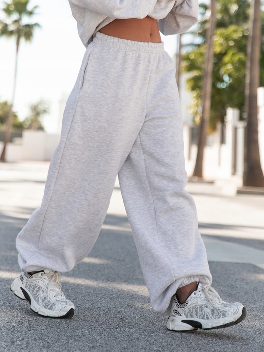 Spodnie dresowe bawełniane damskie baggy szerokie oversize szary melanż