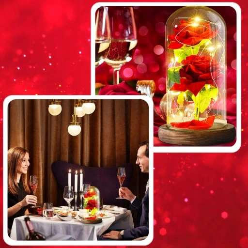 WIECZNA RÓŻA W SZKLE ŚWIECĄCA LED PREZENT PUDEŁKO NA WALENTYNKI DZIEŃ BABCI