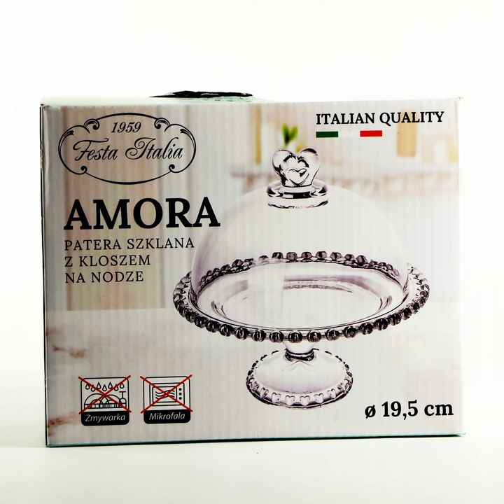 PATERA SZKLANA Z KLOSZEM I NÓŻKĄ 19,5CM NA CIASTO DESER SERY DO SERWOWANIA