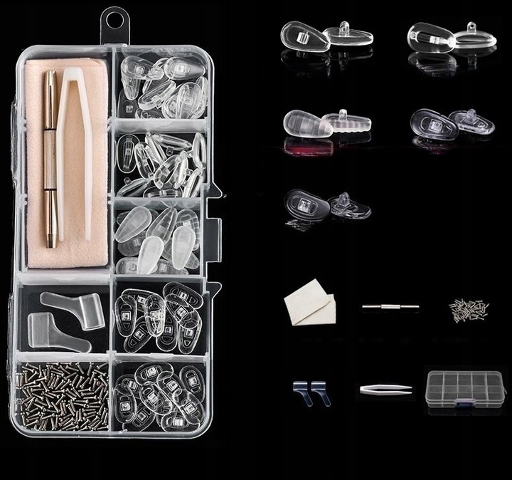 ZESTAW DO NAPRAWY OKULARÓW ŚRUBKI NOSKI SILIKONOWE 35 par nosków