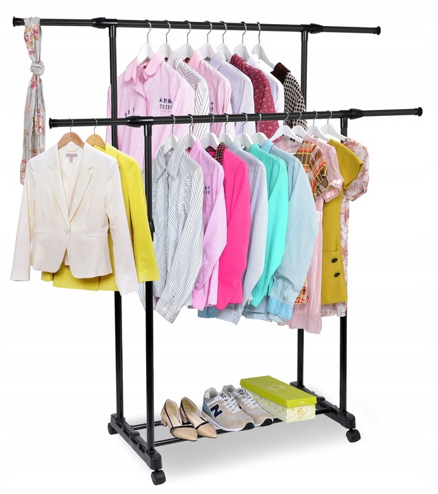 WIESZAK STOJĄCY NA KÓŁKACH PODWÓJNY REGULOWANY WYSUWANY UBRANIA STOJAK