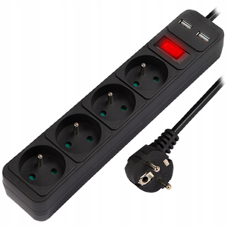 PRZEDŁUŻACZ LISTWA ZASILAJĄCA WŁĄCZNIK GRUBY SZNUR 3M 4 GNIAZDA 2xUSB