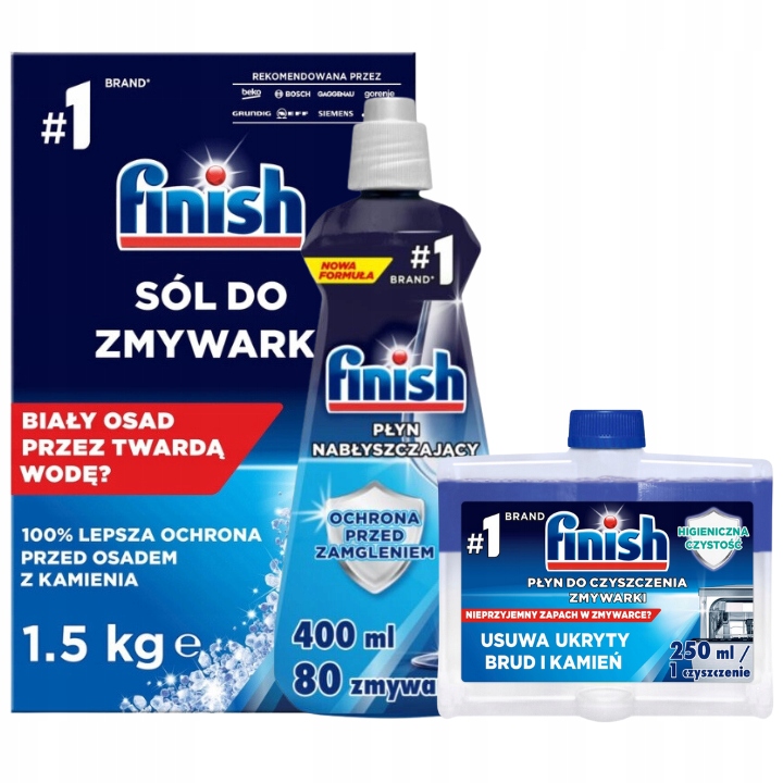 Zestaw Finish do zmywarki Sól 1,5 kg + Nabłyszczacz 400 ml + Czyścik