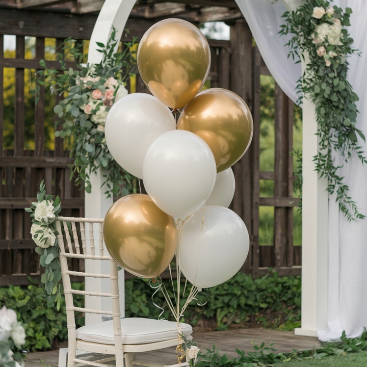 BALONY BIAŁO ZŁOTE CHROMOWANE ZESTAW BALONÓW NA KOMUNIĘ ŚLUB WESELE