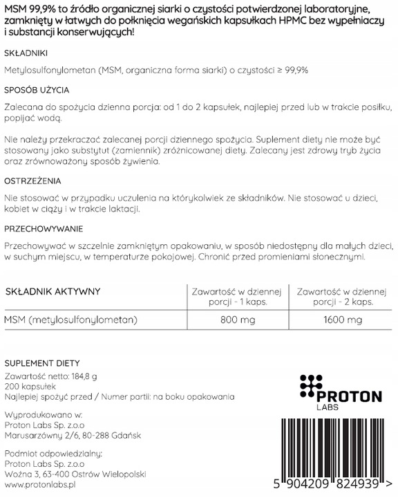 Proton Labs MSM 99,9% PURE siarka organiczna 800mg AŻ 200 KAPSUŁEK stawy