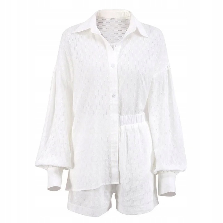 Modny damski biały bawełniany komplet bluzka z kołnierzykiem i spodenki