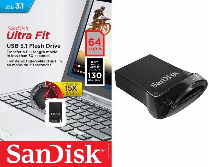 Nano Pendrive SANDISK Ultra FIT 64GB 130MB/s