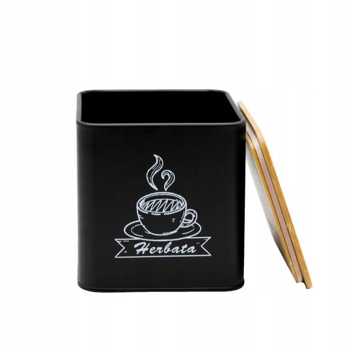POJEMNIKI KOMPLET KAWA HERBATA CUKIER SÓL CZARNY METALOWY BAMBUS ZESTAW