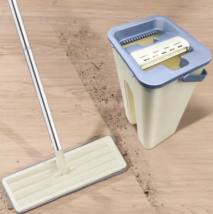 MOP PŁASKI Z WYCISKACZEM WIADREM DWUKOMOROWYM + WKŁADY MIKROFIBRA