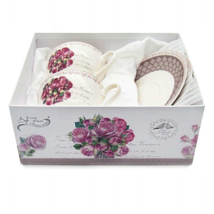 KOMPLET filiżanek 270ml ze spodkiem 2+2 BELLA FIORE zestaw kawowy