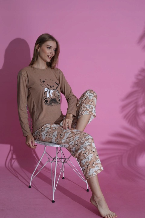 NETi Przewiewna i Delikatna Bawełniana Piżama Damska z Długim Rękawem Brown